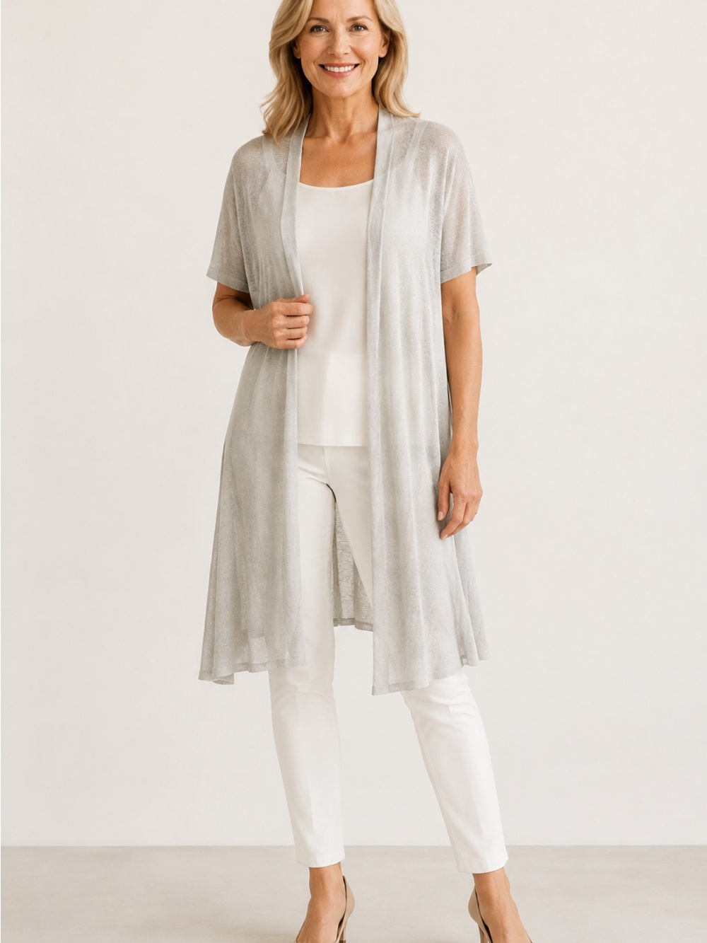 Eileen Fisher Woman 1X Silver Shimmer Linen Duster Cardigan